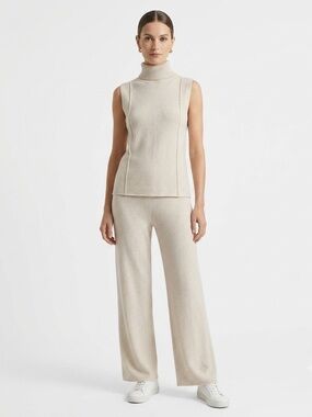 Zara Cream Ribbed Knit Two-Piece Set Sleeveless Turtleneck & Pants M